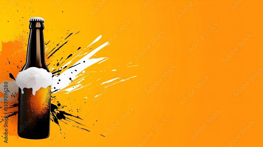 Poster bottle of beer stands with white foam against a vibrant orange backdrop with abstract black and whit