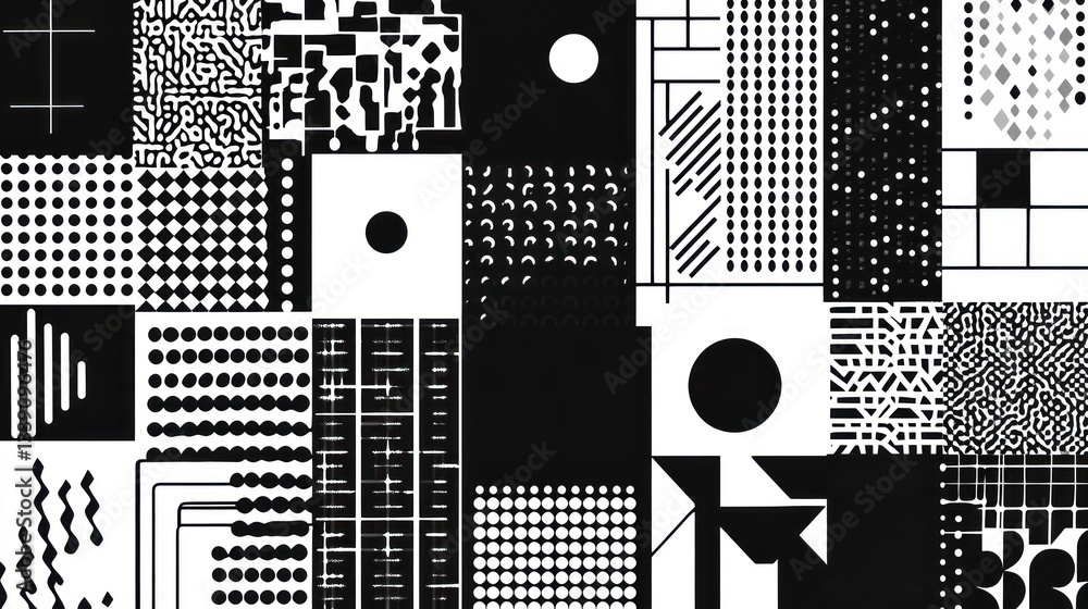 Poster Abstract monochrome geometric pattern with various shapes and textures.