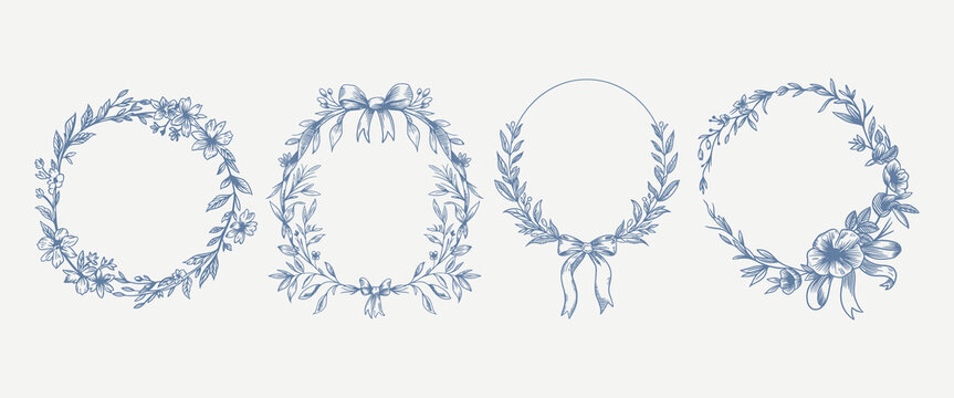 Botanical blue wedding frame or wreath on white background. Hand drawn floral, flower, leaf branch in toile de jouy style. Line art for wedding, monogram, invitation, greeting, logo, birthday cards