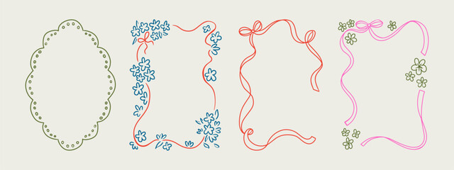 Set of elegant whimsical hand-drawn pink blue orange green color frames with wavy squiggle curly ribbons in trendy, vintage styles. Perfect for quirky holiday, wedding, birthday gift decorations