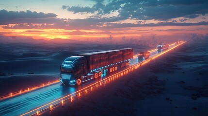 A futuristic truck convoy transporting goods across a glowing desert highway 