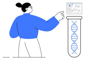 Scientist observes DNA analysis displayed on a digital screen near a large test tube with a DNA helix. Ideal for research, genetics, innovation, technology, biology, medicine, education. Flat simple