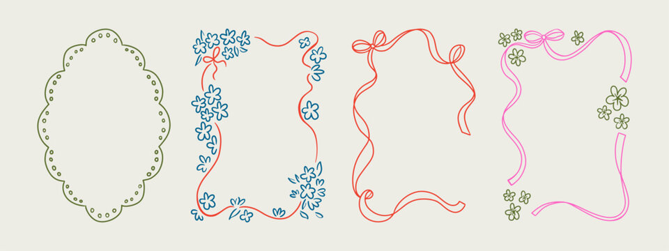 Set of elegant whimsical hand-drawn pink blue orange green color frames with wavy squiggle curly ribbons in trendy, vintage styles. Perfect for quirky holiday, wedding, birthday gift decorations