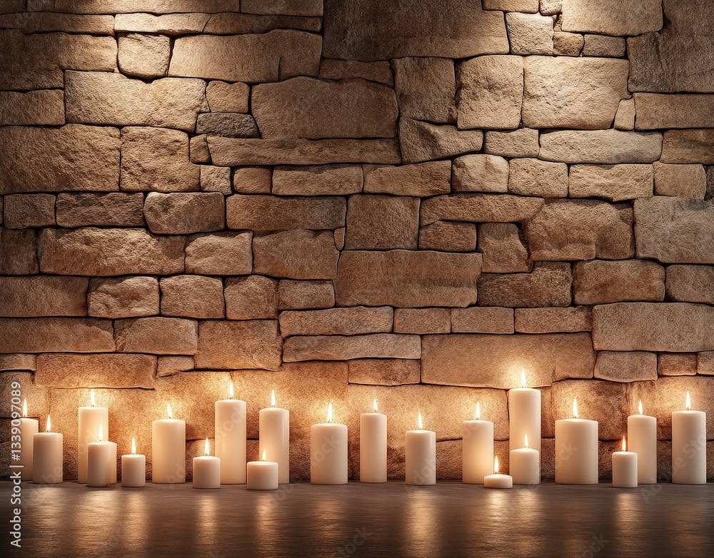 Poster a serene arrangement of glowing candles against a rustic stone wall, creating a warm and inviting at