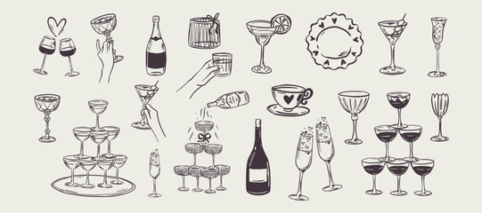 Set of whimsical hand-drawn champagne tower in trendy vintage style. Perfect for quirky wedding holiday, dinner and bar menu, bachelorette party, birthday invitation, sign