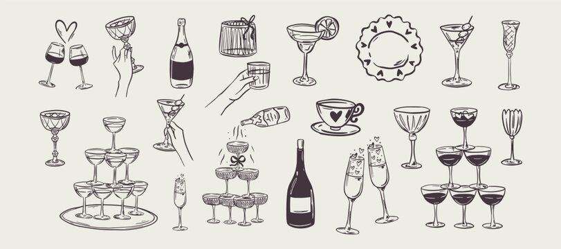 Set of whimsical hand-drawn champagne tower in trendy vintage style. Perfect for quirky wedding holiday, dinner and bar menu, bachelorette party, birthday invitation, sign