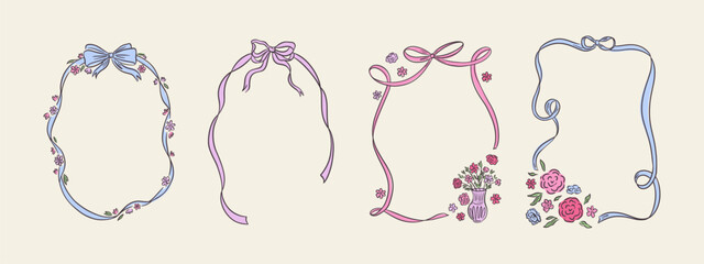 Set of spring whimsical hand-drawn pink blue orange green color frames with flowers and bows in trendy, vintage styles. Perfect for quirky holiday, wedding, birthday gift decorations.