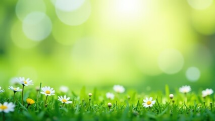 Obraz premium White daisies blooming in fresh green grass with a soft bokeh background. Springtime nature scene with copy space. Easter celebration and seasonal greeting card concept