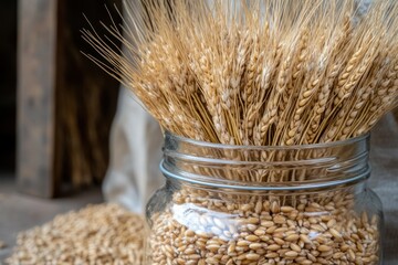 Wheat in Glass Jar with Grains on Rustic Background
