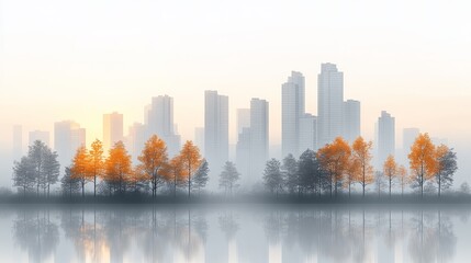Fototapeta premium Misty autumn cityscape reflected in calm water with orange trees in foreground.