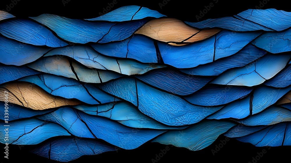 Poster abstract waves in blue tones with textured layers and organic patterns on a black background