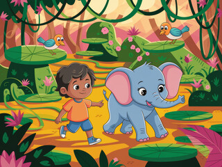 Naklejka premium Child and elephant adventure in vibrant jungle drawn scene with birds and plants
