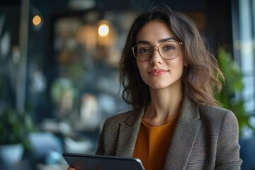 Confident Woman in Glasses Holding a Tablet Indoors