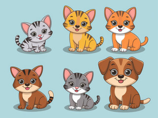 Fototapeta premium Charming drawn kittens and puppy with playful expressions on pastel background