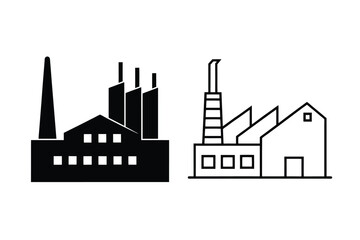 Naklejka premium Industrial Factory Icons Manufacturing, Production, Silhouette, Outline, Buildings