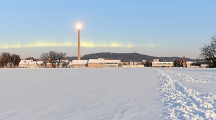 Fototapeta premium Snowy Landscape at Sunset with Tall Obelisk and Bright Light in the Sky over Winter Scene