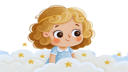 Adorable Little Girl with Curly Blonde Hair Sitting on Clouds with Stars Cute Child Illustration