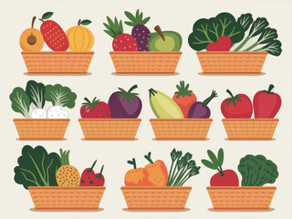 Colorful assortment of fruits and vegetables in woven baskets: a vibrant display of fresh produce