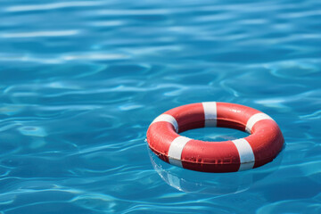 A vibrant red and white lifebuoy floats peacefully on the surface of clear blue water, symbolizing safety and summer leisure.