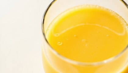 A close up photograph of a glass of freshly squeezed mango juice, vibrant yellow in color with small droplets of condensation on the surface, placed on a clean white background.