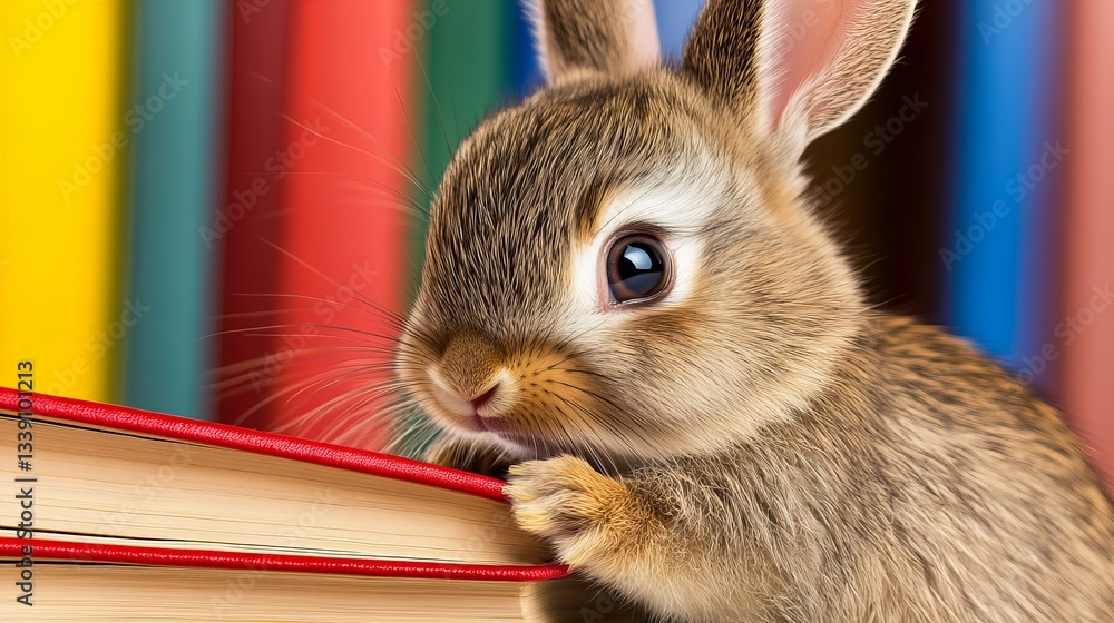 Poster brown rabbit is resting its paws on a stack of red covered books in front of a background consisting