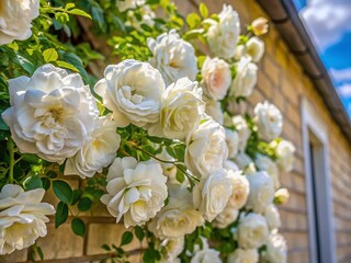 Obraz premium Banksiae White Curly Rose Close-Up: Thornsless, Easy-Care Climbing Shrub Blooming on House Wall (April-May)