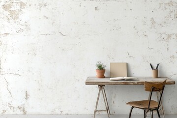 Minimalist Workspace with Open Book on Rustic Desk