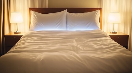 Cozy Bedroom Setting with Soft Lighting and Neatly Made Bed Featuring White Linens and Wooden Furniture