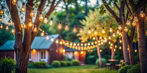 Backyard Party String Lights: Festive Outdoor Bokeh Background with Copy Space