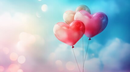 Fototapeta premium Romantic heart shaped balloons floating in a dreamy sky for valentine's day celebration