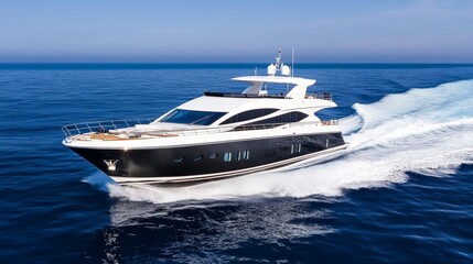 Fototapeta premium Luxury yacht cruising through calm blue waters under a clear sky, showcasing elegance and speed