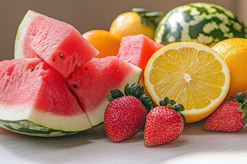 Fresh Assorted Fruits Display Featuring Watermelon