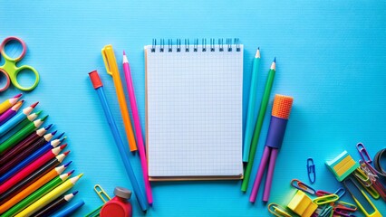 Fototapeta premium Back to School: Colorful School Supplies & Notebook on Blue - Ready for Learning