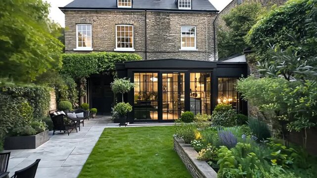 Modern house architecture, blending traditional architectural elements with contemporary design, featuring grand facade, large windows, manicured garden