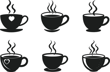 Set of Steaming Coffee Cup Silhouettes – Vector Illustration for Café and Beverage Designs