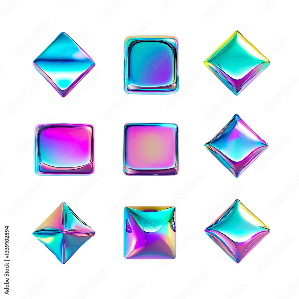 Aufkleber a collection of glossy geometric square shapes with solid colors, isolated on a transparent backgrou
