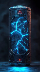 Futuristic metallic battery with glowing blue energy and textured surface