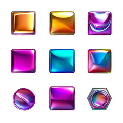 A collection of glossy geometric square shapes with solid colors, isolated on a transparent background, showcasing sleek and modern design elements
