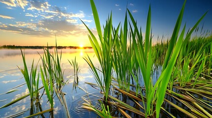 Obraz premium Serene Sunrise over Calm Waters with Lush Green Grasses Reflecting on Tranquil Lake Surface
