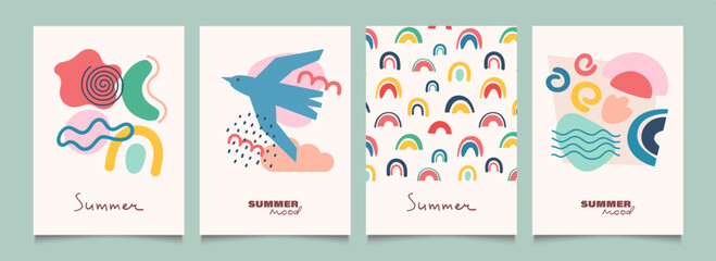 Abstract summer backgrounds with icons or shapes in flat design. Vacation mood. Modern geometric vector illustrations. Trendy  posters, cards, banners, print on shirts.