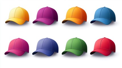 Fototapeta premium Colorful baseball caps collection for fashion design and apparel decor