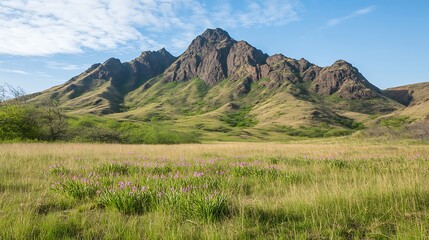 A majestic mountain towering over the landscape with a clear blue sky and minimal cloud cover