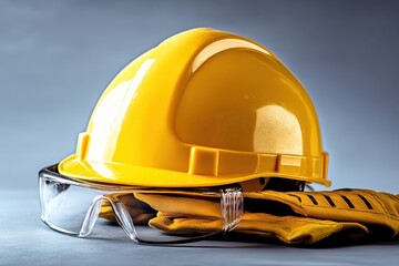 yellow safety helmet, safety gloves and transparent safety glasses