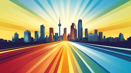 Obraz premium Vibrant city skyline with colorful rays of light radiating from skyscrapers at sunset