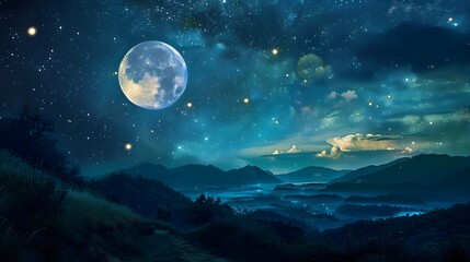 Fototapeta premium Enchanting Moonlit Nightscape with Twinkling Stars and Ethereal Auroras