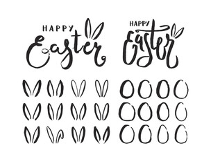 Happy Easter lettering quotes, bunny ears, eggs isolated elements collection. Hand drawn style line art design, vector illustration. Holiday clip art set. Seasonal advertising, card, banner, invite