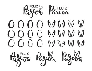 Feliz Pascoa, Happy Easter in Portuguese lettering, bunny ears, eggs, isolated elements collection. Hand drawn style line art design, vector illustration. Holiday clip art set. Seasonal advertising