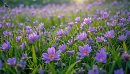 Fototapeta premium Blooming purple flowers meadow nature photography sunlit environment close-up view serenity