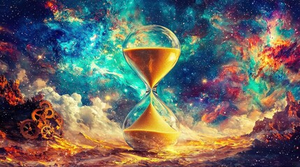 Hourglass against cosmic nebula backdrop; fiery landscape with gears.