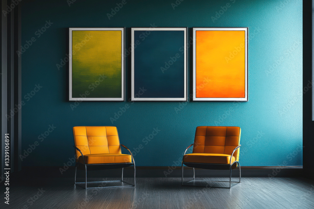 Poster three empty vertical frames hang on the wall, in the center of each frame is a painting with orange,